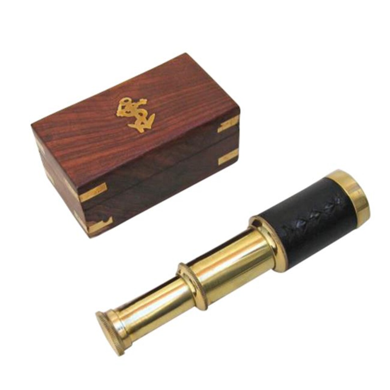 6 in. Pullout Telescope in Inlay Wood Box, Brass